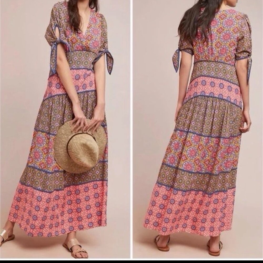 Maeve for Anthropologie Eder patchwork tiered maxi dress